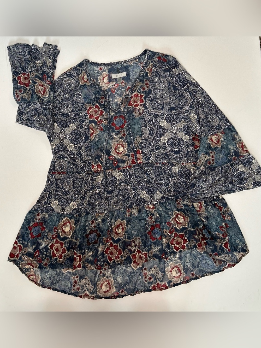 Cupio Boho Mixed Floral Paisley Split Neck Peasant Blouse 3/4 Bell Sleeve - Picture 3 of 8